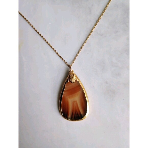 VTG Natural Banded Agate Slice Necklace 14k Gold Filled Stone Pendant Raw Quartz - Picture 2 of 8